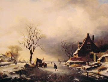 Carlos Leickert Painting - Escena de invierno con paisaje de patinadores Charles Leickert